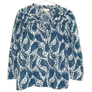 Bindu XS Laurie Top In Blue Feather Print 100% Cotton Ruffle Peasant Cottage